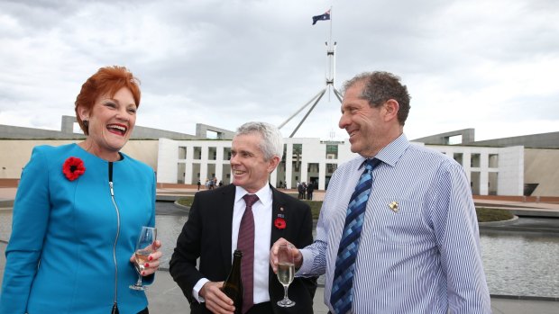 Pauline Hanson and her team drank champagne on the forecourt of Parliament, buoyed at Trump's win in the US election.