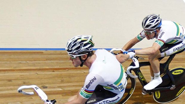 Howard Leigh (left) and Cameron Meyer en route to winning the madison at the World Track Championships in The Netherlands last year.