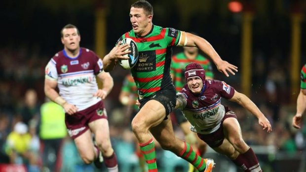 Rabbit on the rampage: Sam Burgess on the attack against Manly.