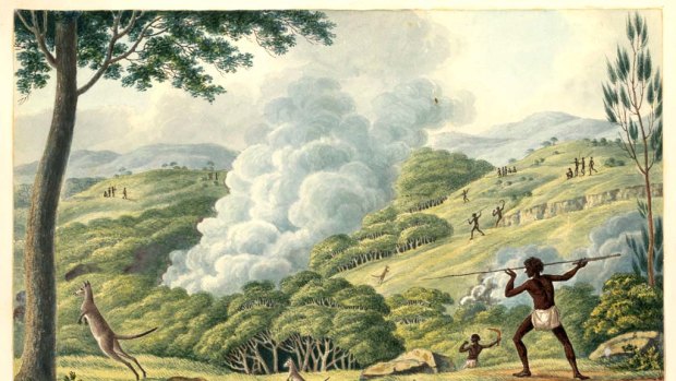 Working the land ... Joseph Lycett's c.1817 watercolour, Aborigines Using Fire to Hunt Kangaroos, depicts the innovative use of fire burning.