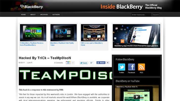 A screenshot of the reported hacking of Research In Motion's Inside BlackBerry blog. Credit: Jonathan H Fisher via Twitter