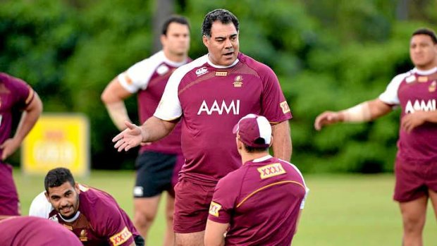 Coach Mal Meninga conducts a Queensland Maroons training session at Coolum.
