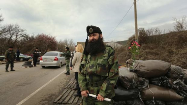 Serbian Chetnik militia leader Bratislav Zivkovic, supporting the Russians, at a checkpoint heading towards Sevastopol from Simferopol.