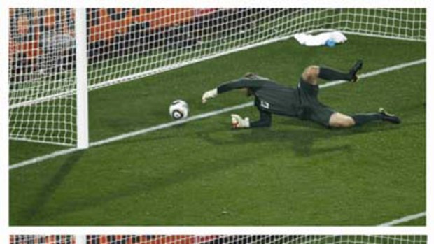 A combination picture shows England's goalkeeper Robert Green conceding a goal against the US.