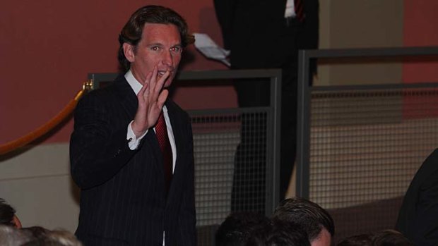 Suspended Essendon coach James Hird at the club's annual meeting on Monday night.