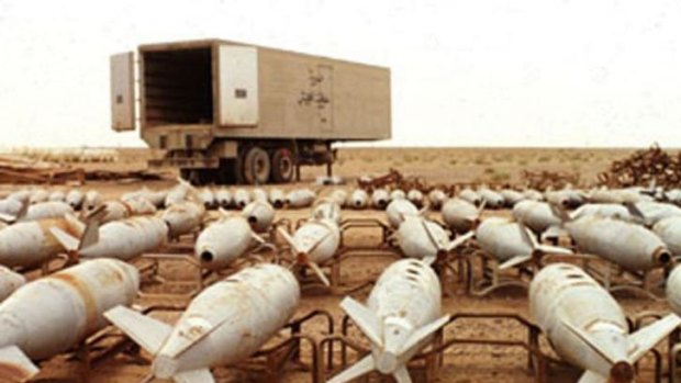 Chemical warfare agent filled aerial bombs await destruction at Muthanna complex Iraq in an undated file photo. 