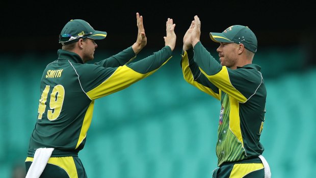 The Aussies take on India in the third one-dayer at the MCG.



SYDNEY, AUSTRALIA - JANUARY 26:  David Warner of Australia celebrates with  team mate Steven Smith after taking a catch to dismiss Ambati Rayudu of India off the bowling of Mitchell Marsh during the One Day International match between Australia and India at Sydney Cricket Ground on January 26, 2015 in Sydney, Australia.  (Photo by Mark Metcalfe/Getty Images) Steve Smith and David Warner