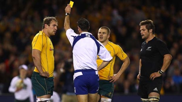 Drew Mitchell of the Wallabies is sent off after a second yellow card in the Bledisloe Cup opener. Mitchell was controversially sin-binned in the first half following a touch judge's report on a late tackle.