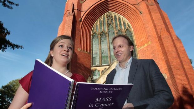 Soprano Siobhan Stagg and conductor Peter Tregear outside the Trinity College chapel at Melbourne University.