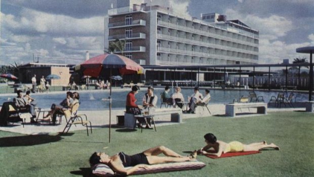 Sunbakers by the pool in 1958 at Lennons Broadbeach Hotel, designed by architect Karl Langer.