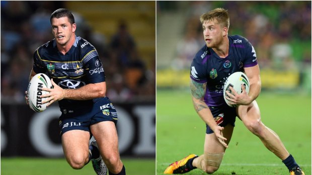 Lachlan Coote of the Cowboys and the Melbourne Storm's Cameron Munster.