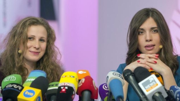 Still not free to express themselves: Two members of Russian punk group Pussy Riot, Nadezhda Tolokonnikova, right, and Maria Alyokhina speak after their release from prison.