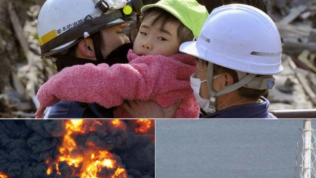 Clockwise from top: Rescuers with a girl who was left in a building in Kesennuma; Japanese authorities said there was a high possibility that nuclear fuel rods at a reactor at Tokyo Electric Power's Daiichi plant may be melting or have melted; A huge vessel washed into an urban area in Kesennuma; A gas-storage centre in Tagajo explodes in flames.