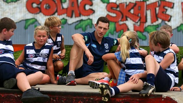 At home: Darcy Lang meets young fans at Geelong's Colac clinic.