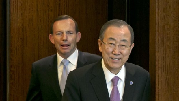 Tony Abbott meets with UN Secretary General Ban Ki-Moon at the UN headquarters.