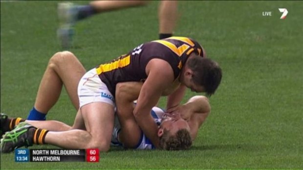 Hawthorn defender Brian Lake clashes with his opponent Drew Petrie.