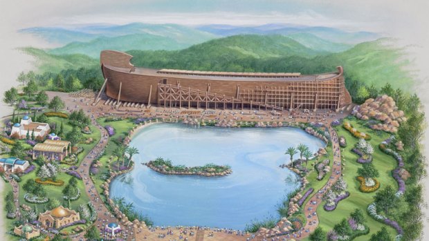 An artist's rendering of the proposed theme park, complete with an "authentically constructed" wooden ark loaded with pairs of animals.