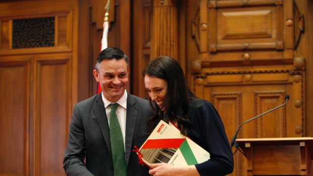 New Zealand Green Party leader James Shaw, left, and then Prime Minister-designate Jacinda Ardern after signing a confidence and supply deal after the NZ election. 