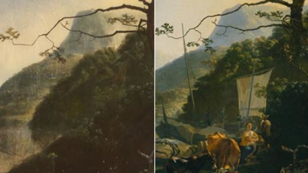 Sam Leach's painting which won this year's Wynne Prize (left). The 17th-century painting by Dutch artist Adam Pynacker (right).