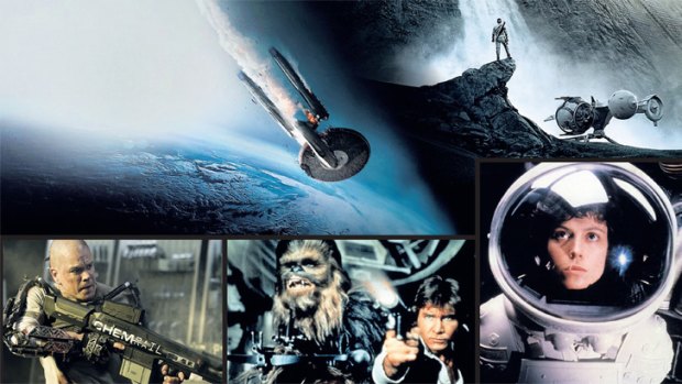 Clockwise from top left: Star Trek: Into Darkness; Oblivion; Sigourney Weaver in Alien; Chewbacca and Han Solo from Star Wars; Matt Damon in Elysium.  Bottom: 2001: A Space Odyssey.
