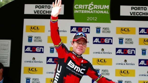 Cadel Evans on the victory podium of the Criterium Internationale. It is BMC's only victory this season.