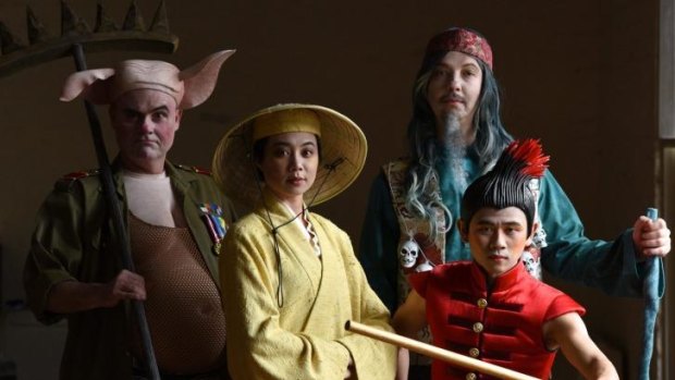Cast: Bell Shakespeare Company's new musical of the ancient Chinese story of "Monkey". Pictured are (L-R) Darren Gilshenan, Aileen Huynh, Justin Smith and Aljin Abella.   Photo: Steven Siewert