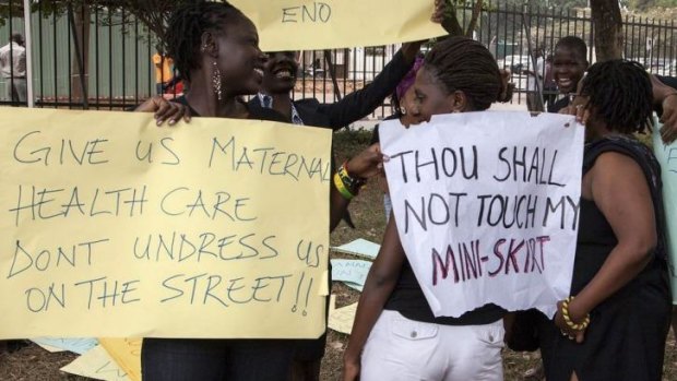 "No justification": Women protest against the new anti-pornography and dress code legislation in Kampala.