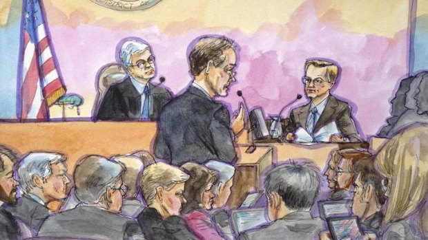Eric Schmidt (R) in a court sketch being questioned by Oracle lawyer David Boies as US District Judge William Alsup (L) watches during a trial over patents involving Java on April 24, 2012.