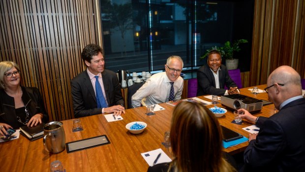 Affirmative action: Prime Minister Malcolm Turnbull meets with AFL Indigenous Advisory Group (L-R  Sam Mostyn, Gillon McLachlan and Peter Yu).