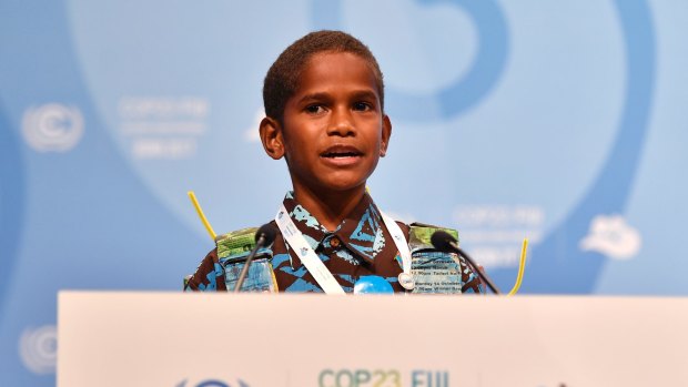 Timoci Naulusala, from Fiji, delivers a speech during the 23rd Conference of the Parties (COP) climate talks in Bonn, Germany in November.
