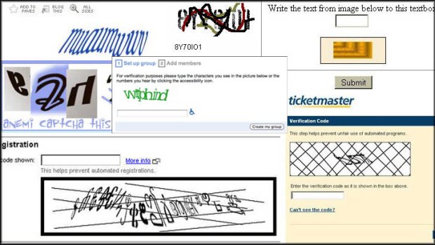 A mix of hard to read CAPTCHAs from the web.