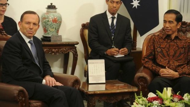 Tony Abbott and Joko Widodo meet after the new president's inauguration.