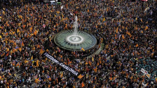 Pushed to the brink &#8230; hundreds of thousands of people flooded the streets of Barcelona demanding independence for Catalonia on Tuesday. Nationalist feeling has intensified as Spain's economic crisis worsens, with Catalonia attributing its indebtedness to its limited fiscal autonomy.