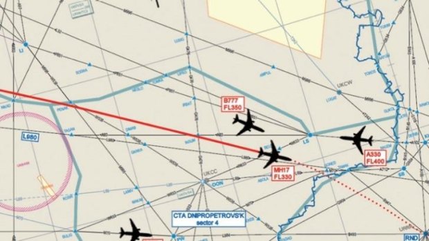 Flight paths for various aircraft near the doomed MH17.