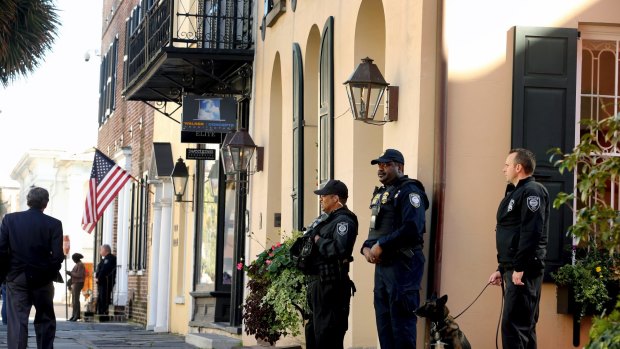 Homeland Security patrol the streets outside the Federal Courthouse in Charleston, South Carolina.