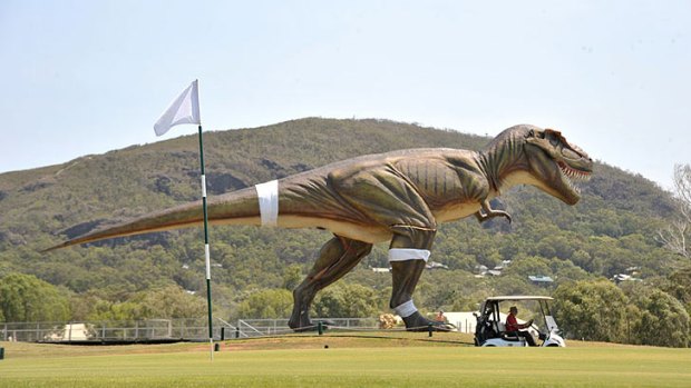 The first of Clive Palmer's dinosaurs looms over his Coolum resort.