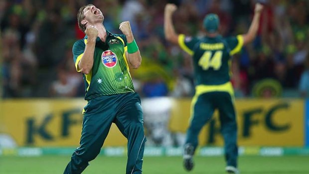 Shane Watson roars with delight after taking the final wicket, that of James Tredwell, to give Australia a five-run win in the final one-day international in Adelaide on Sunday.