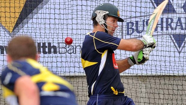 Seeing them well? Ricky Ponting attempts to pull a ball from paceman Peter Siddle at training.