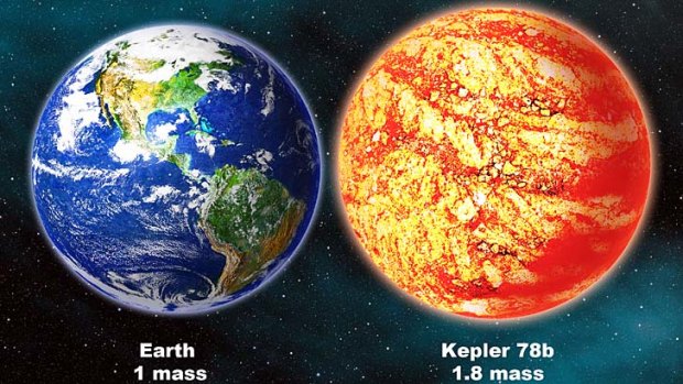 An artist's impression of Earth, left, and Kepler-78b.