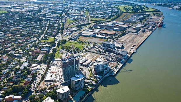 An aerial view of development activity along the riverfront at Hamilton.