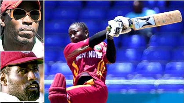 The Mistress Blaster . . . Teenager Deandra Dottin's batting is reminiscent of the great Master Blaster Viv Richards (middle inset) as she break the record held by f fellow West Indian Chris Gayle (top) and Brendon McCullum of New Zealand (bottom).