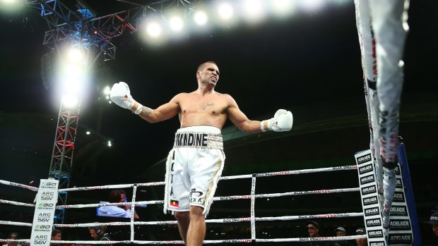 Mundine reacts during the fight against Green at Adelaide Oval..