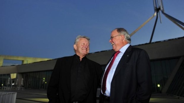Architect and former partner of MGT, Ric Thorp and construction director David Chandler outside Parliament House, in Canberra.