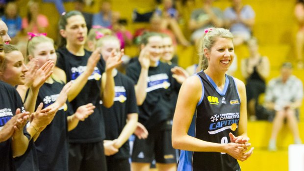 Carly Wilson celebrates her 350th game, Canberra Capitals vs Melbourne Boomers at Tuggeranong Stadium.