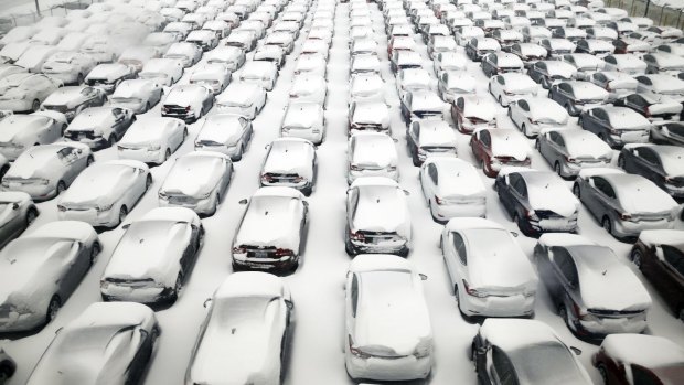 Cars are covered by snow in parking lot at O'Hare International Airport in Chicago. 