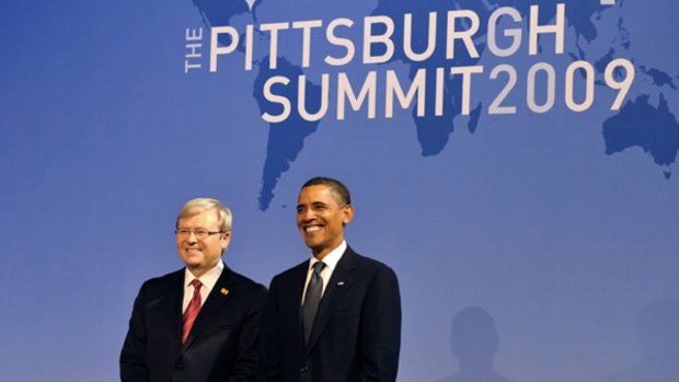 US President Barack Obama (right) stands for a picture with Australian Prime Minister Kevin Rudd (left) at the Phipps Conservatory for an opening reception and working dinner for heads of delegation at the Pittsburgh G20 Summit in Pittsburgh, Pennsylvania.