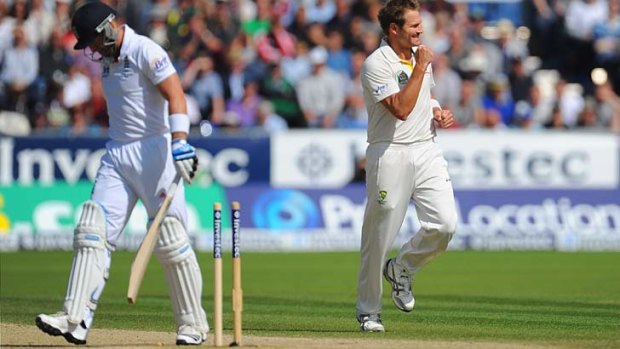 England wicketkeeper Matt Prior is bowled by Ryan Harris on day four, one of the paceman's seven victims in England's second innings.