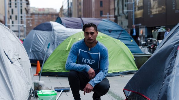 Rewi Waetford, 33, among tents in Martin Place that the state government plans to remove.