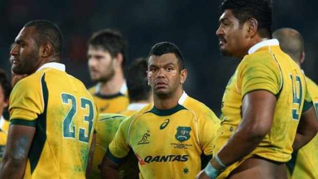 Will he stay at No.10?: Kurtley Beale with teammates after the loss to New Zealand.