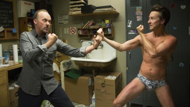 Fight club: Michael Keaton and Edward Norton in Birdman, which gets a special advance screening on New Year's Eve.